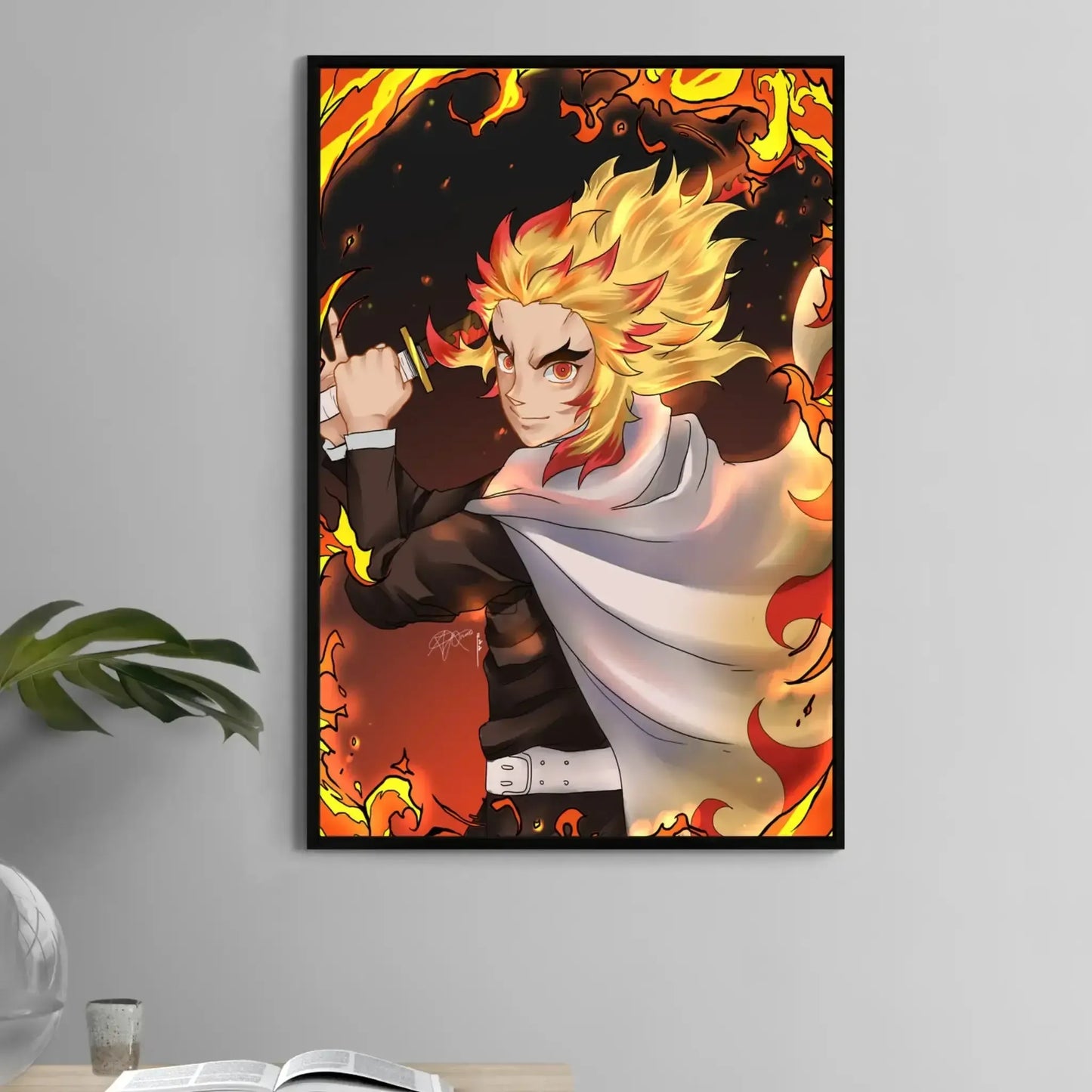 11x17 poster print of Rengoku Kyojuro wielding flame sword in anime fire background

