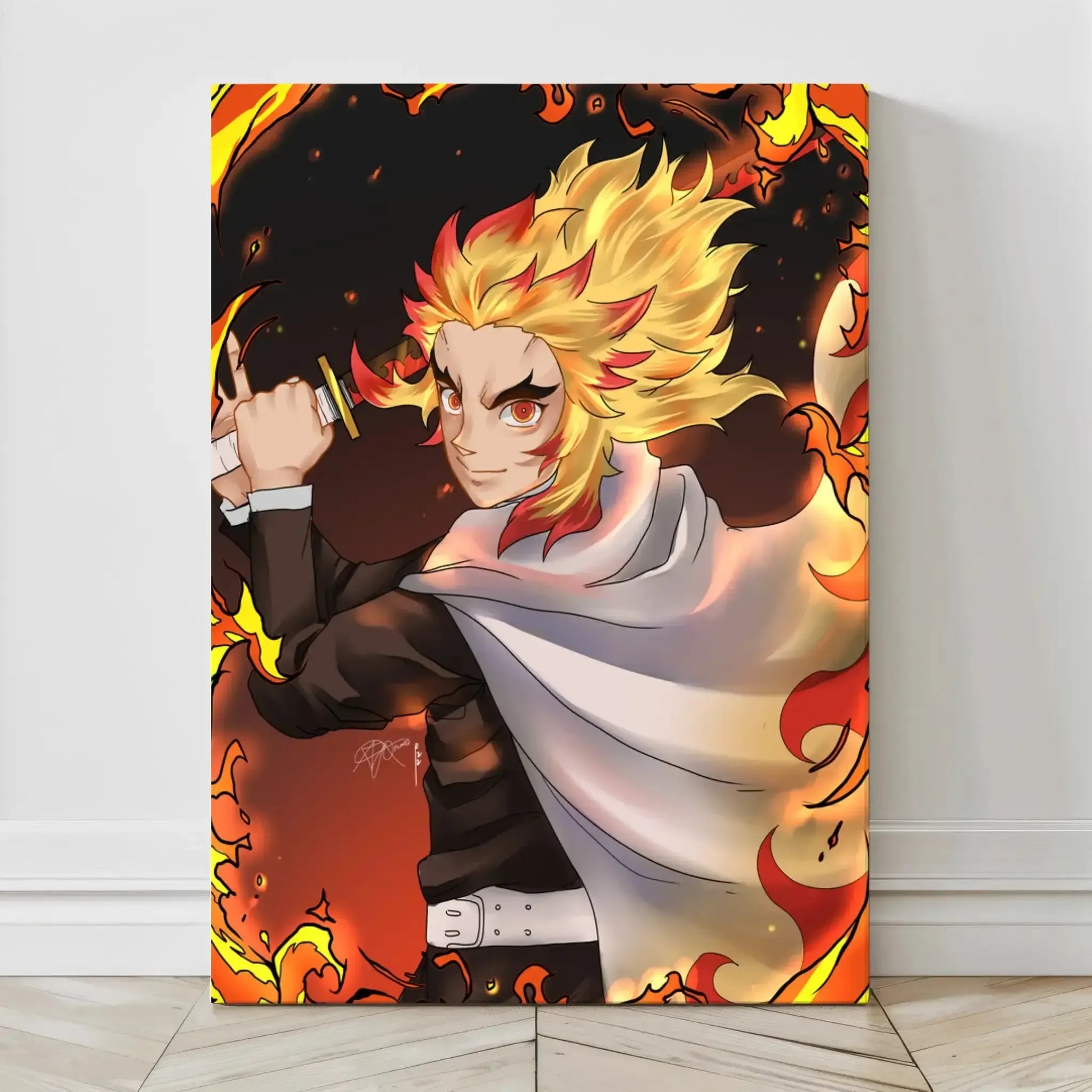 Canvas print of Rengoku from Demon Slayer surrounded by flames in a heroic stance