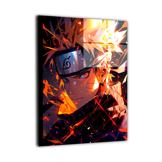 Metal wall art featuring Naruto in a fiery anime illustration, intense orange and red tones, dynamic lighting, and a resilient ninja aesthetic.