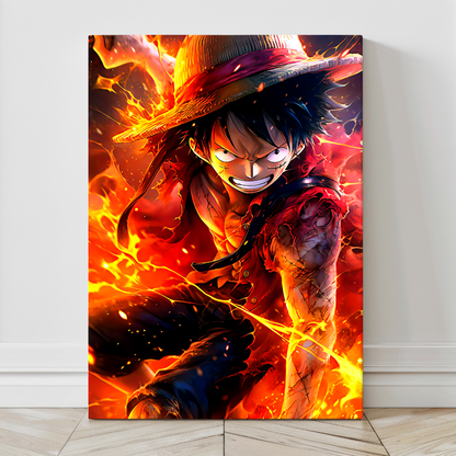24x36 canvas of Monkey D. Luffy wall art in flaming scene – Snapping Turtle Gallery