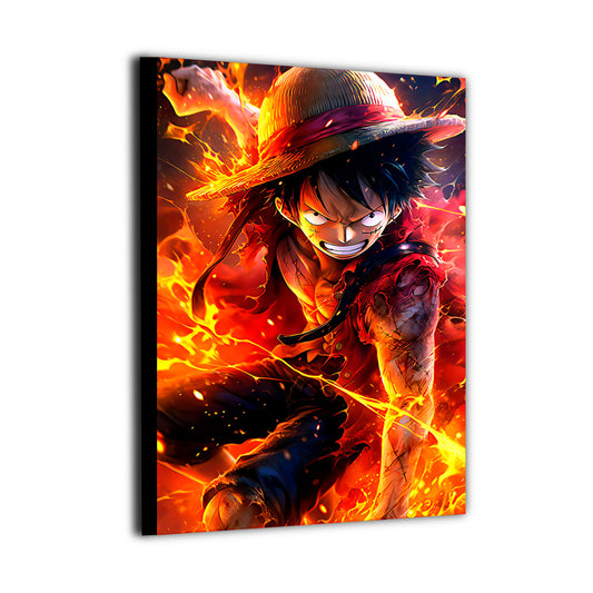 High-quality canvas wall art showcasing a flame-powered pirate figure surrounded by swirling fire, dramatic lighting, and bold anime illustration style.