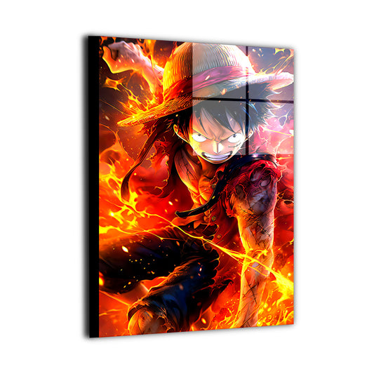 Metal wall art featuring a fiery pirate-themed anime illustration, intense heat effects, sharp contrast, and cinematic flame-driven energy.