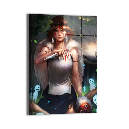 Forest Wolf Guardian Metal Print – bold anime-style huntress with wolf companion by Nopeys