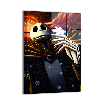 24x36 metal print of Jack Skellington with glowing snowflake and flames


