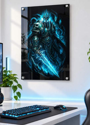 Frozen Throne Dominion Lich King acrylic wall art in a bright gaming office