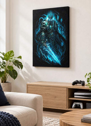 Frozen Throne Dominion Lich King canvas wall art in a cozy gaming lounge