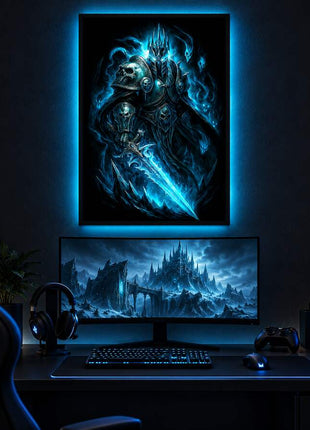 Frozen Throne Dominion Lich King LED lightbox wall art glowing in a dark gaming room