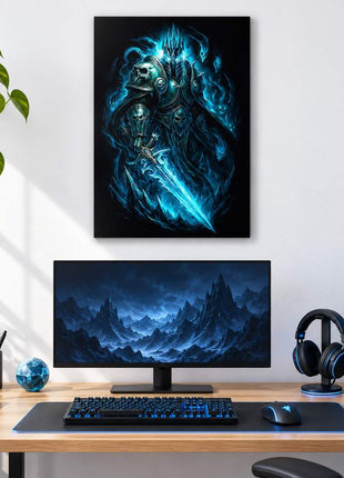 Frozen Throne Dominion Lich King metal wall art above a modern gaming desk