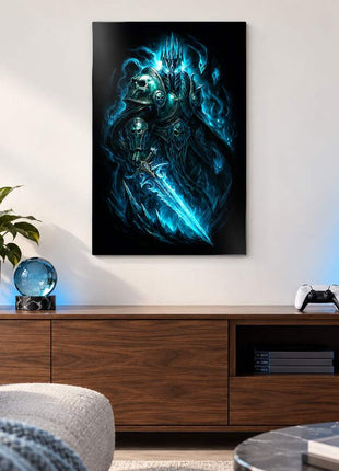 Frozen Throne Dominion Lich King metal wall art in a bright media room
