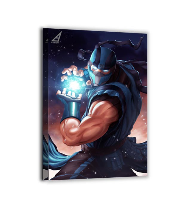 Canvas—icy warrior in motion with glowing frost effect; art by Ben Asher.