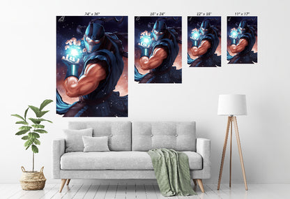 Room mockup—Frozen Fist Legacy framed on wall, gaming-room centerpiece.