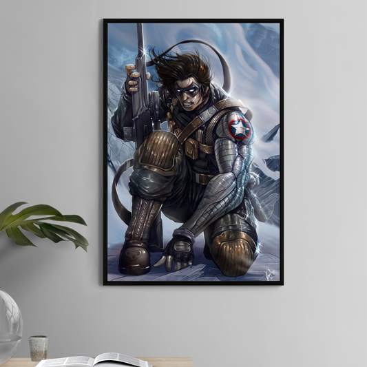Winter Soldier kneels with rifle in snowy battlefield in this 11x17 Marvel print by Ceasar.