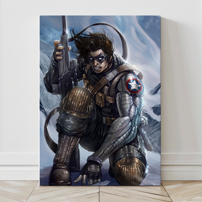 Winter Soldier kneels with rifle in snowy battlefield in this 24x36 Marvel Canvas print by Ceasar.