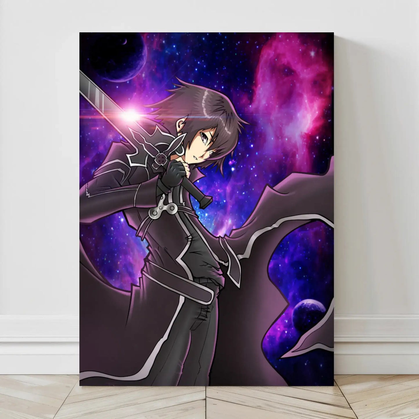 Canvas art of Kirito in front of galactic space backdrop holding sword in SAO outfit