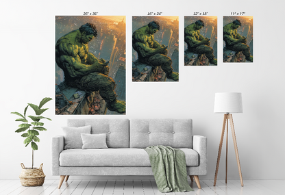 Size Chart of Hulk sitting on rooftop at sunset  
