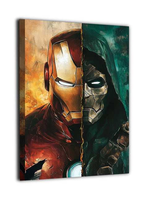 Genius vs Tyrant Acrylic print room mockup featuring Iron Man battling Doctor Doom, Marvel wall art.