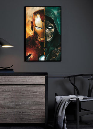 Genius vs Tyrant Canvas and Metal print room mockup featuring Iron Man battling Doctor Doom, Marvel wall art.