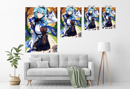 anime Size Chart print of Eula from Genshin Impact with icy expression  
