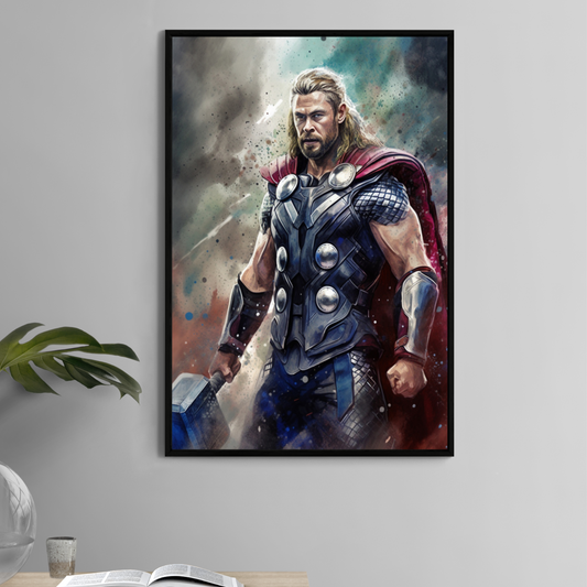 God of Thunder Wrath print with thunder god holding hammer – 11x17 Marvel-inspired poster for superhero fans.