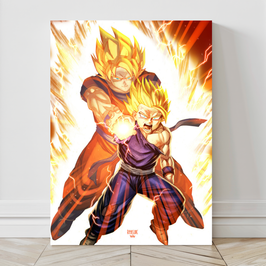 Alt Text: Goku guiding Gohan energy attack – 24x36 large canvas fan art by Ryan Pasibe