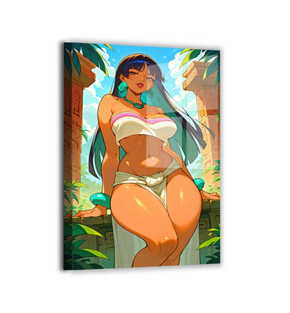 Metal — sleek finish; Chel in festival light with sparkling jewelry; art by Glavakolhoza.