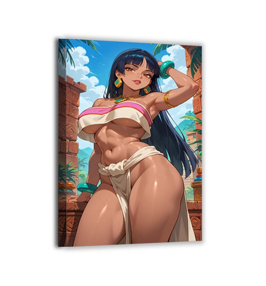 Canvas — Close-up Chel portrait with gold necklace and teal bangles against jungle sky; El Dorado theme by Glavakolhoza.