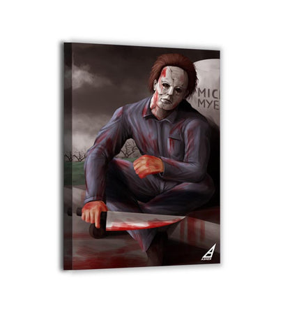 Canvas—cinematic horror portrait with cracked mask and moody lighting; Ben Asher artwork.