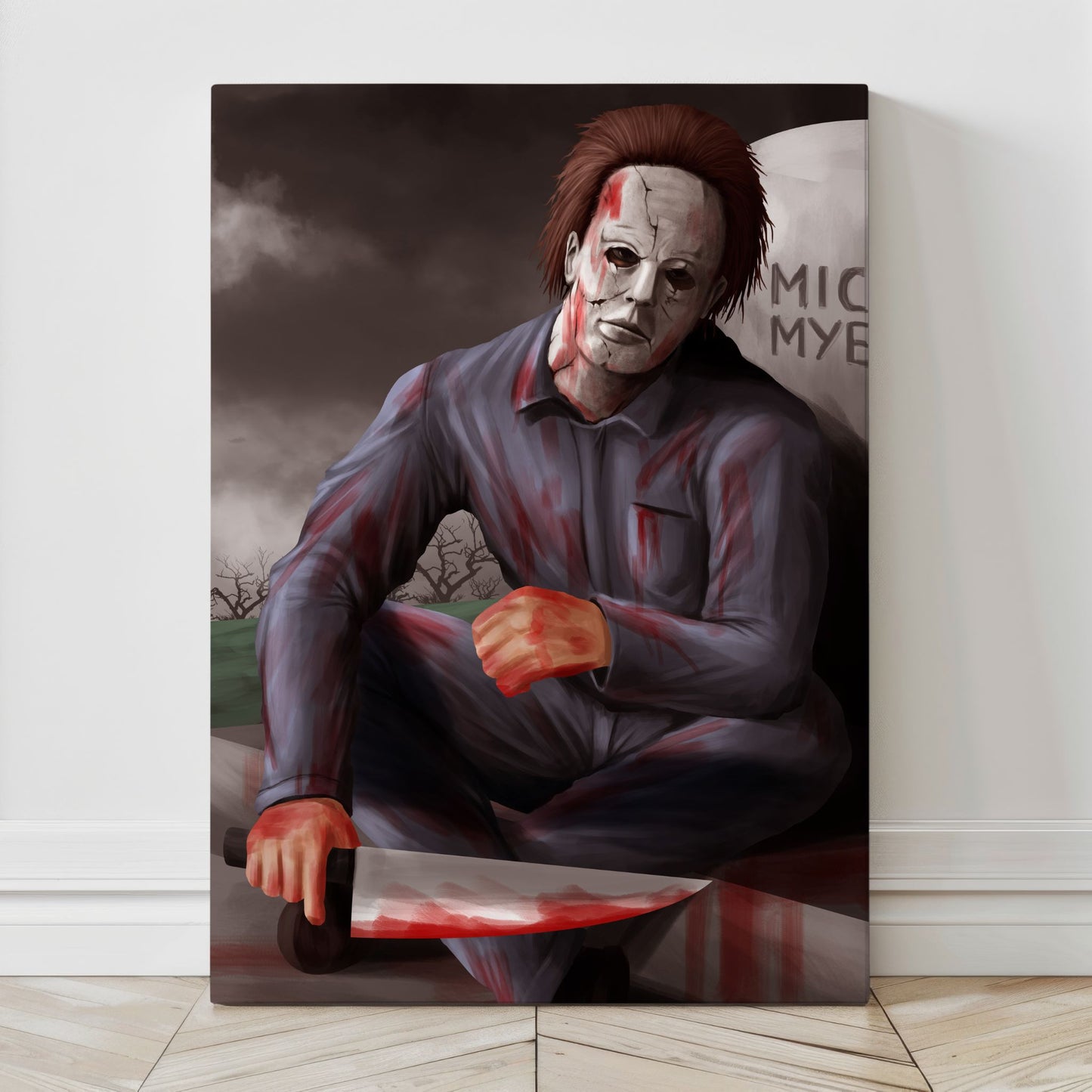 Canvas—cinematic horror portrait with cracked mask and moody lighting; Ben Asher artwork.