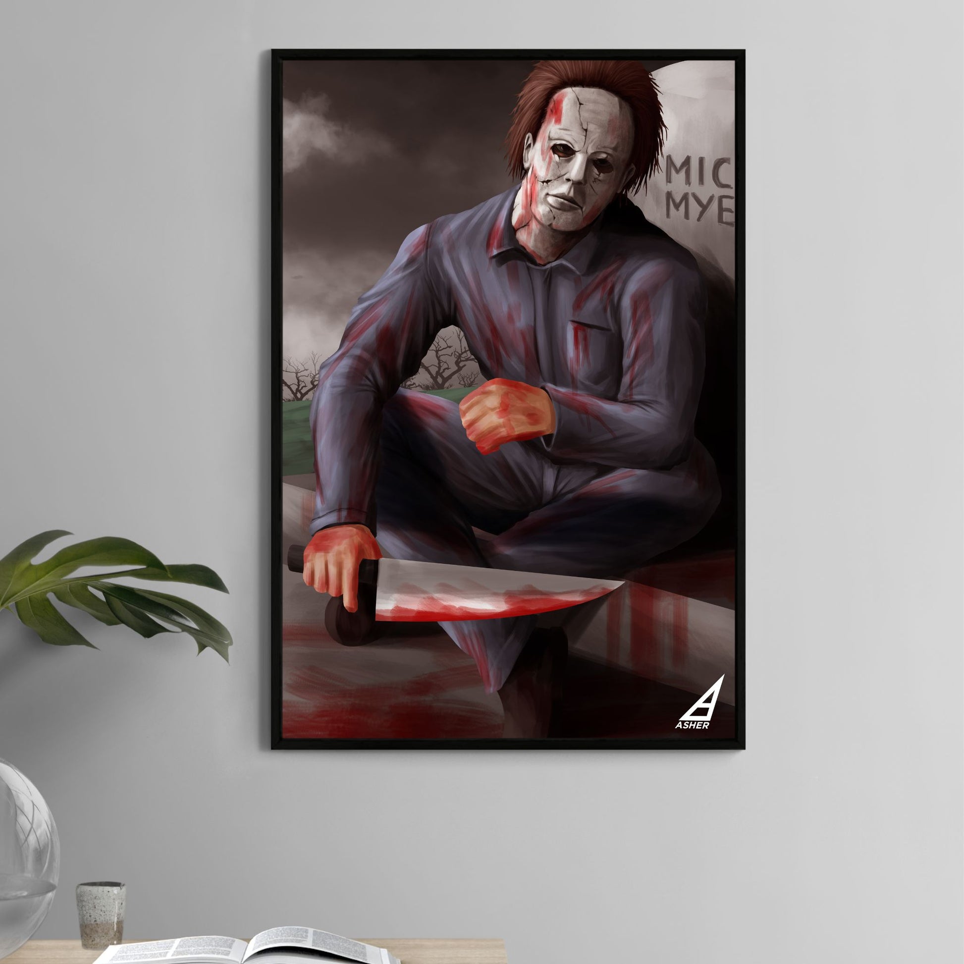Poster—masked slasher seated by a grave, bloodied knife and fog; art by Ben Asher.