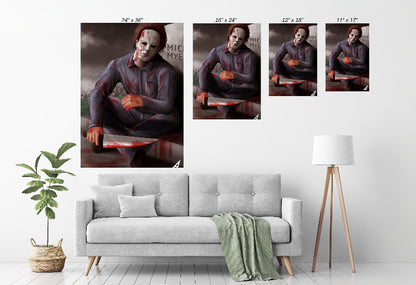 Room mockup—Graveyard Silence framed on wall, horror-themed décor centerpiece.