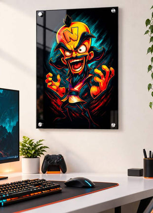 Greedy Grin Unleashed Dr. Neo Cortex acrylic wall art in a bright gaming office