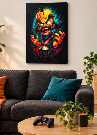 Greedy Grin Unleashed Dr. Neo Cortex canvas wall art in a cozy gaming lounge