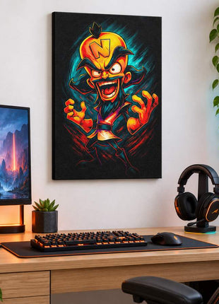 Greedy Grin Unleashed Dr. Neo Cortex canvas wall art in a bright gaming room