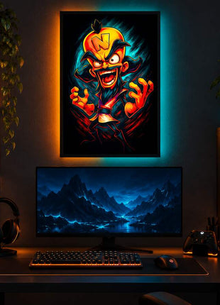 Greedy Grin Unleashed Dr. Neo Cortex LED lightbox wall art glowing in a dark gaming room
