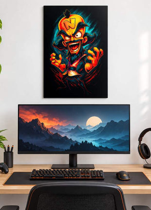 Greedy Grin Unleashed Dr. Neo Cortex metal wall art above a modern gaming desk