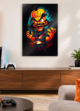 Greedy Grin Unleashed Dr. Neo Cortex metal wall art in a bright media room