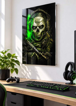 Green Specter Ghost acrylic wall art in a bright gaming office