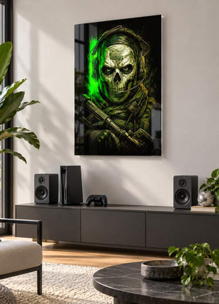 Green Specter Ghost acrylic wall art in a modern media lounge