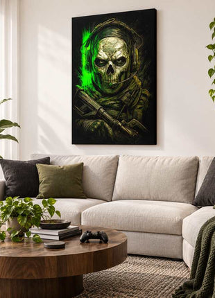 Green Specter Ghost canvas wall art in a cozy gaming lounge