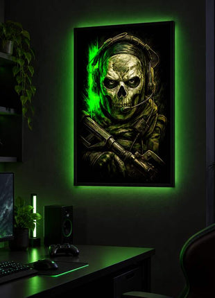 Green Specter Ghost LED lightbox wall art glowing in a dark gaming room