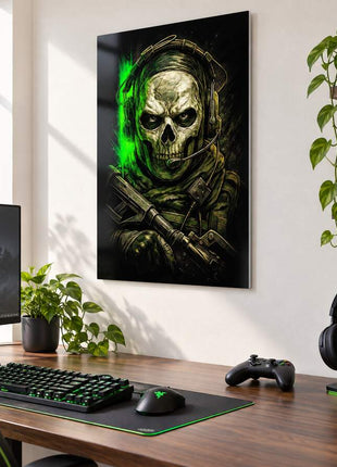 Green Specter Ghost metal wall art above a modern gaming desk