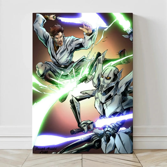 Canvas art of Obi-Wan Kenobi battling General Grievous with lightsabers in comic style