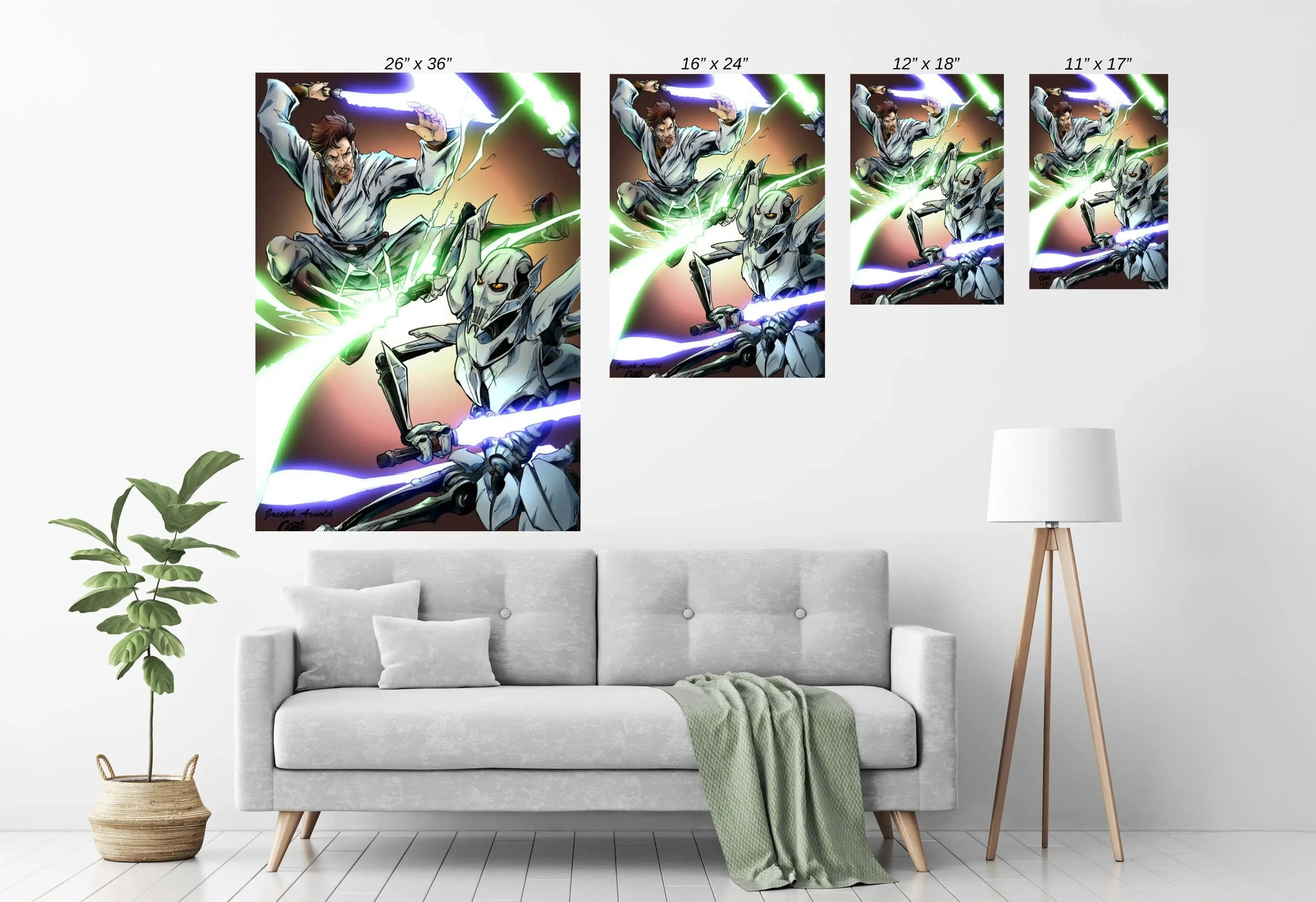 comic-style poster of Obi-Wan Kenobi dueling General Grievous with lightsabers

