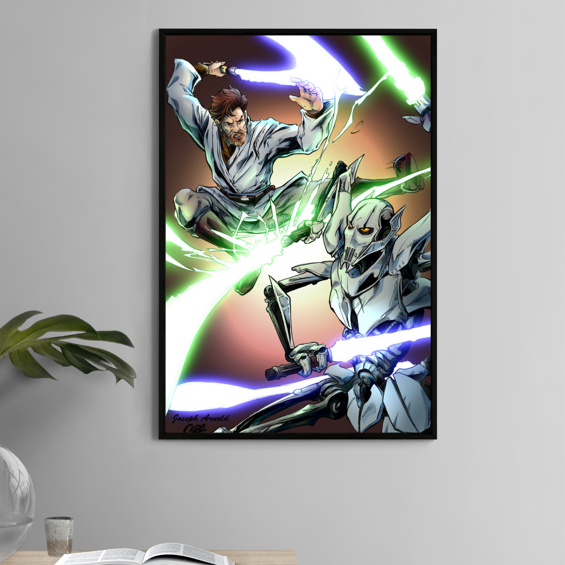 11x17 comic-style poster of Obi-Wan Kenobi dueling General Grievous with lightsabers

