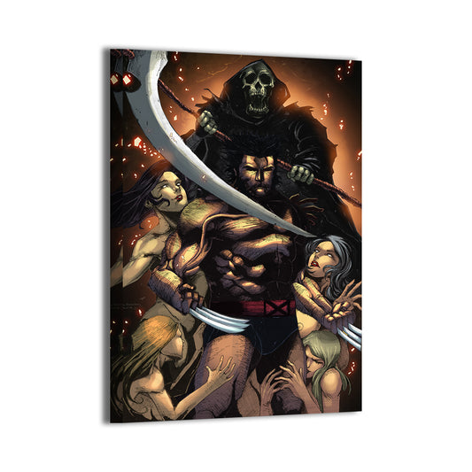 Canvas print of Wolverine and the figure of Death with gothic lighting and tension  
