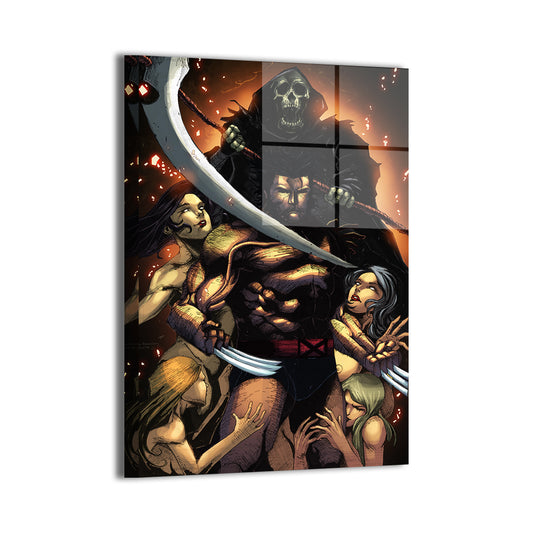 Gloss metal print of Wolverine facing Death while spectral women cling to him  
