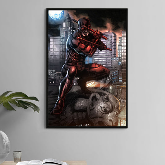Daredevil crouched on gargoyle rooftop over NYC skyline, 11x17 comic art print