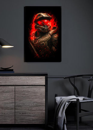 Spartan Red Alert acrylic wall art showing Master Chief in a close-cropped helmet portrait