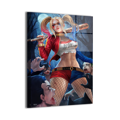 Harley Quinn Clown Princess Carnage Wall Art Acrylic 24x36 – vivid glass-like display of Harley Quinn standing fearless among zombies
