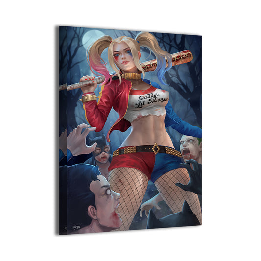 Harley Quinn Clown Princess Carnage Wall Art Canvas 24x36 – dynamic DC-style villain artwork in zombie fight, ideal for gaming rooms and fan caves